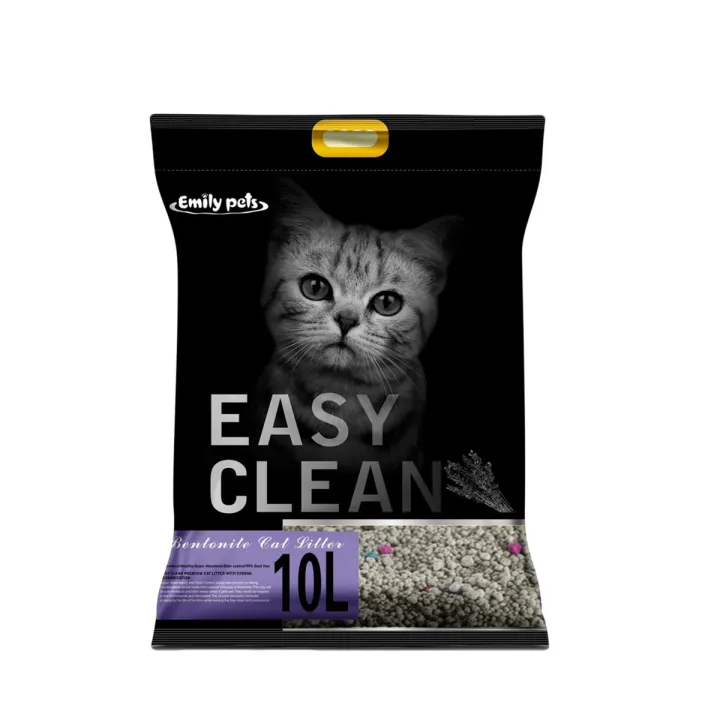 Emily Pets Easy Clean lavender-scented bentonite cat litter, 10L black pack with a gray kitten